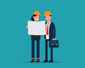Foreman and Engineer. Discuss draft building concept. Vector illustration in cartoon flat design