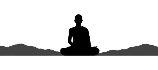Black silhouette of the Buddha sitting on the mountain. Vector illustration
