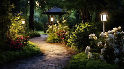 Solar-powered outdoor lighting illuminating a garden pathway, lush garden with flowers and plants. Solar-powered lighting. Integration of solar technology. Banner. Generative Ai content. - Powered by Adobe