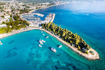 Obraz premium Kemer, Antalya, Turkey. Aerial view of Kemer Marina. Beautiful turquoise colors of Mediterranean sea. Drone shot.