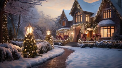 Fototapeta premium the enchanting beauty of a snow-covered garden adorned with glimmering holiday decorations, such as sparkling snowflake ornaments, and fairy lights wrapped around trees