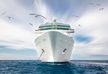 Fototapeta na wymiar Cruise ship in the blue ocean with seagull