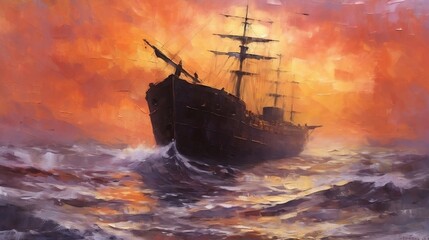 Obraz premium Sailing ship in the sunset, painting, orange purple colors