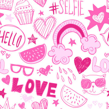 Seamless pattern with hearts, cat and hearts. Cool texture background. Wallpaper for teenager girls. Fashion style