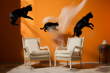 black cats jumping with white sheet moving ghost in a room on orange background for Halloween