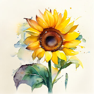 Watercolor sunflower on a watercolor background. Hand drawn illustration
