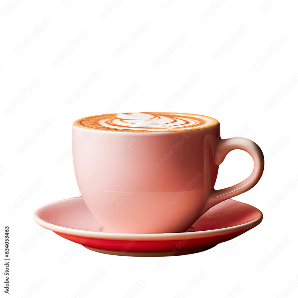 Wall mural Closeup of hot cappuccino coffee in red cup on transparent background isolated with clipping path