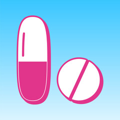 Medical pills sign. Cerise pink with white Icon at picton blue background. Illustration.