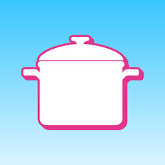 Cooking pan sign. Cerise pink with white Icon at picton blue background. Illustration.