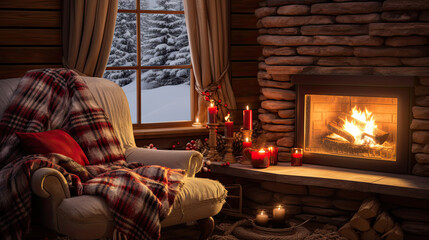Cozy Winter Scene with fireplace and hot cocoa and winter related things
