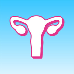 Human anatomy. Uterus sign. Cerise pink with white Icon at picton blue background. Illustration.