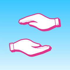 Hand sign illustration. Cerise pink with white Icon at picton blue background. Illustration.