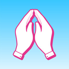Hand icon illustration. Prayer symbol. Cerise pink with white Icon at picton blue background. Illustration.