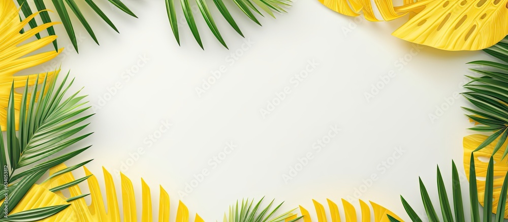 Poster summer theme with blank yellow paper palm leaves and photo frame on a pastel gray background in a fl