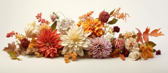 Flower arrangement with autumn colors on a light background Floral decoration Natural floral backdrop