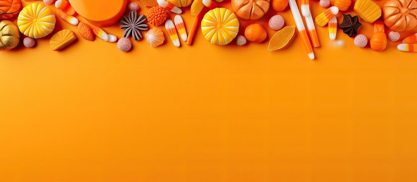 Scattered candy and decorations on Halloween themed border seen from above over orange banner