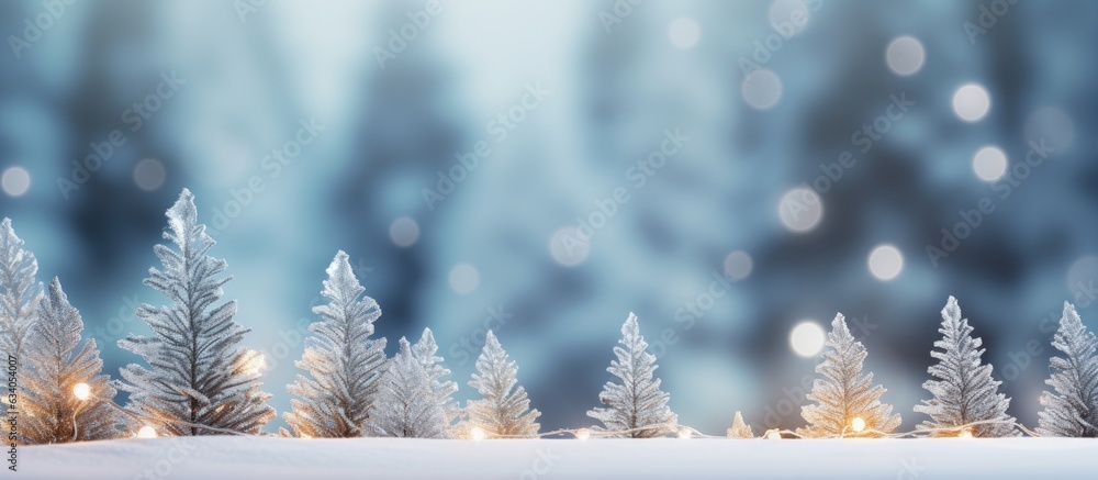 Leinwandbilder snowy winter christmas tree branches with cones surrounded by defocused lights and blurred backgroun
