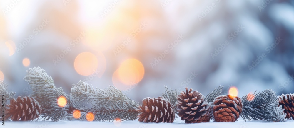 Poster snowy winter christmas tree branches with cones surrounded by defocused lights and blurred backgroun