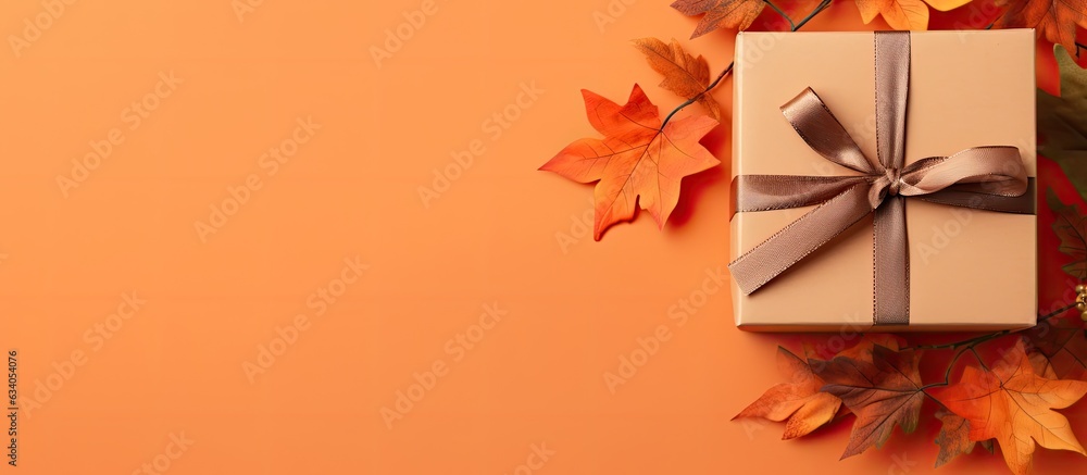 Poster top view of fall themed handmade paper gift box on orange background with copy space