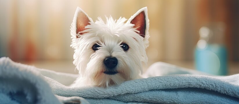 After a bath a West Highland White Terrier in a basin wrapped in a towel The image represents pet care with space for text