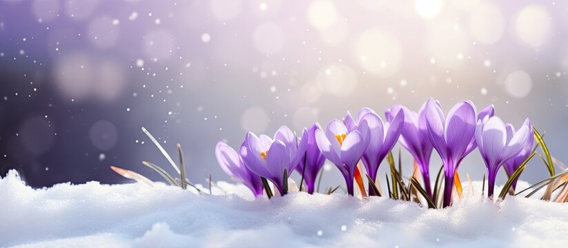 Purple crocuses emerging from under snow in early spring closeup with room for text