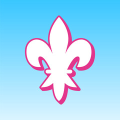Royal lily, flower of king, iris of queen. Elements for design. Cerise pink with white Icon at picton blue background. Illustration.