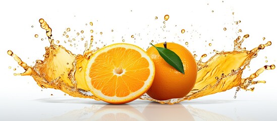 Half of a ripe orange fruit with orange juice splash water isolated on white background