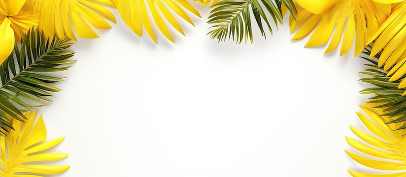 Summer theme with blank yellow paper palm leaves and photo frame on a pastel gray background in a flat lay