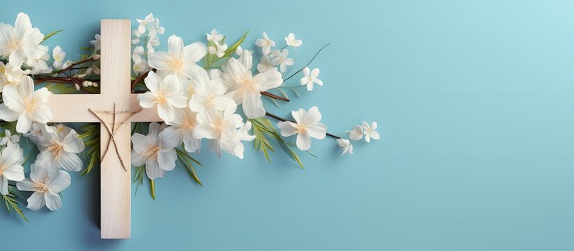 Religious themed flat lay featuring a wooden cross and spring flowers on a blue background
