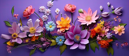 spring flowers in various colors against a purple backdrop