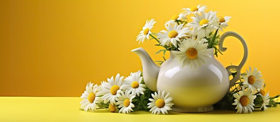3D illustration of a chamomile bouquet in an old yellow tea pot against a vibrant yellow spring background