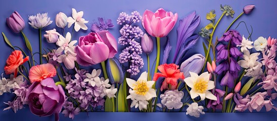 spring flowers in various colors against a purple backdrop