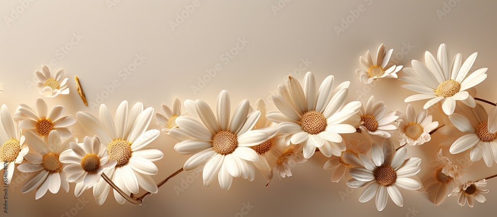 Poster chic chamomile daisy flowers pattern with shadows on neutral backdrop and copy space