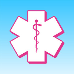 Medical symbol of the Emergency or Star of Life. Cerise pink with white Icon at picton blue background. Illustration.
