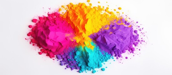 Indian festival of Holi Colorful powder on white background viewed from above