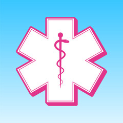 Medical symbol of the Emergency or Star of Life with border. Cerise pink with white Icon at picton blue background. Illustration.