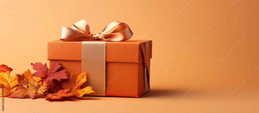 Aufkleber top view of fall themed handmade paper gift box on orange background with copy space
