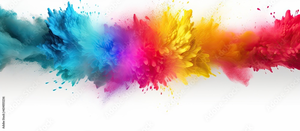 Poster isolated white background with colorful holi paint powder explosion frame border and copy space
