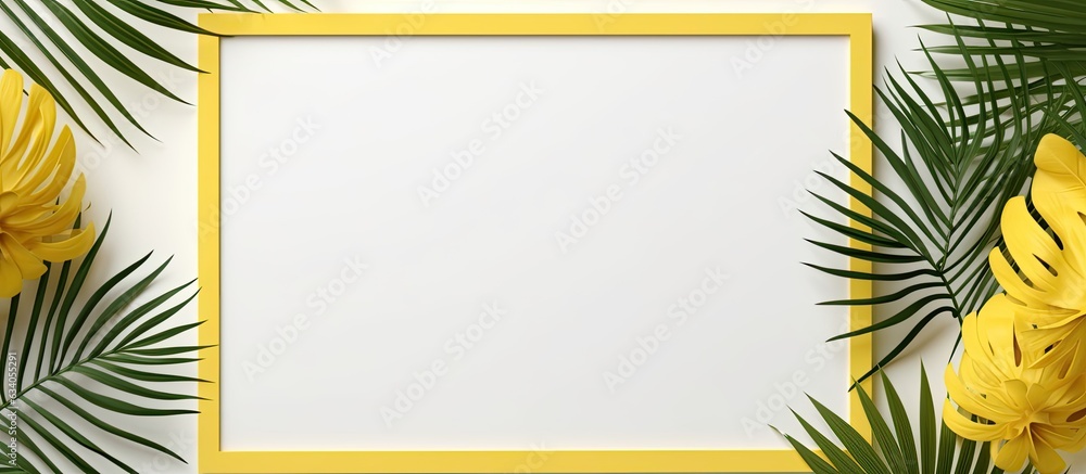 Poster summer theme with blank yellow paper palm leaves and photo frame on a pastel gray background in a fl