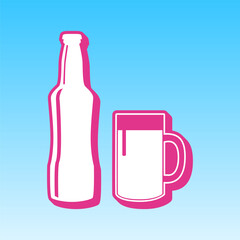 Beer bottle sign. Cerise pink with white Icon at picton blue background. Illustration.