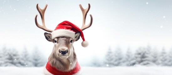 3D Illustration of reindeer with red nose and Santa hat against white backdrop