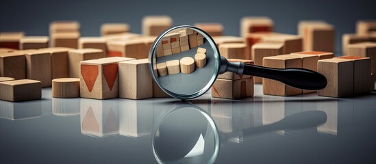 Identifying and understanding issues through root cause analysis using a magnifying glass on wooden cubes with question marks on a grey background