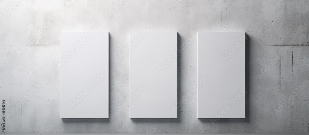 Aufkleber top view empty white rectangular poster mockup with shadow on light grey concrete wall