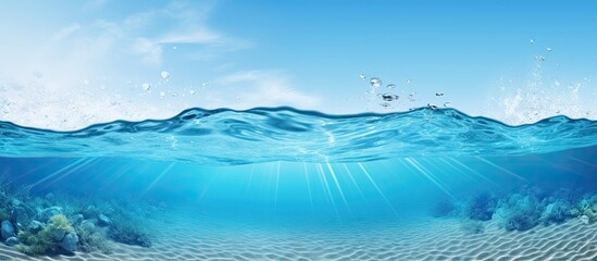 Fototapeta na wymiar Underwater blue ocean waves in a wide sandy pool