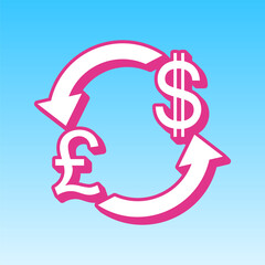 Currency exchange sign. UK: Pound and US Dollar. Cerise pink with white Icon at picton blue background. Illustration.