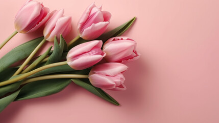 Bouquet of pink tulips flowers on pastel pink background. Generative AI