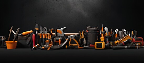 Banner with construction tools on black background for home improvement purposes