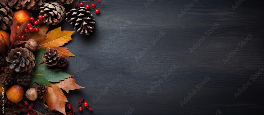 Poster Overhead view of autumn elements on rustic banner background