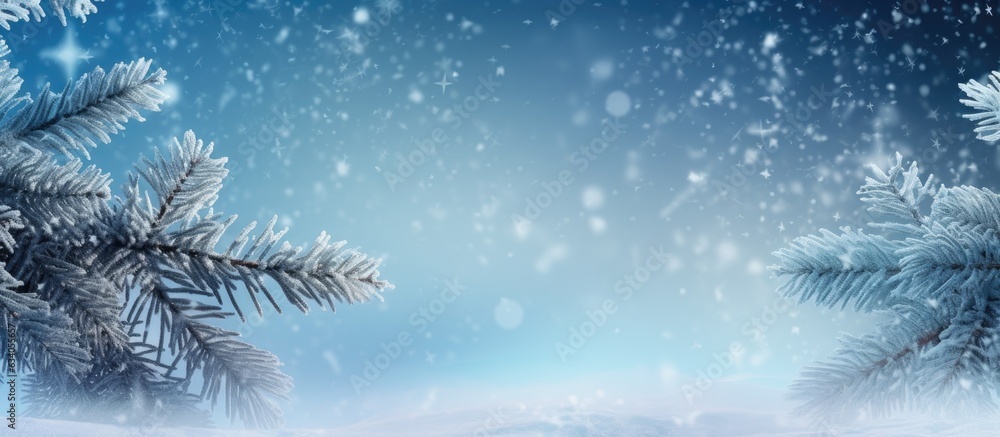 Aufkleber snowflakes and fir tree branches on a wintry backdrop with space for design