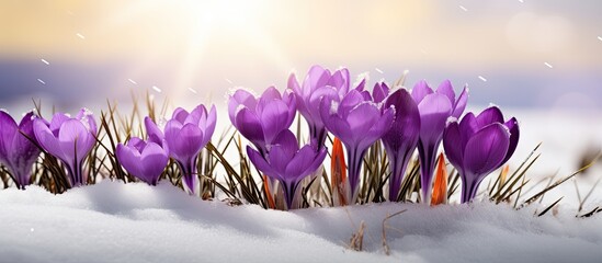 Purple crocuses emerging from under snow in early spring closeup with room for text - obrazy, fototapety, plakaty